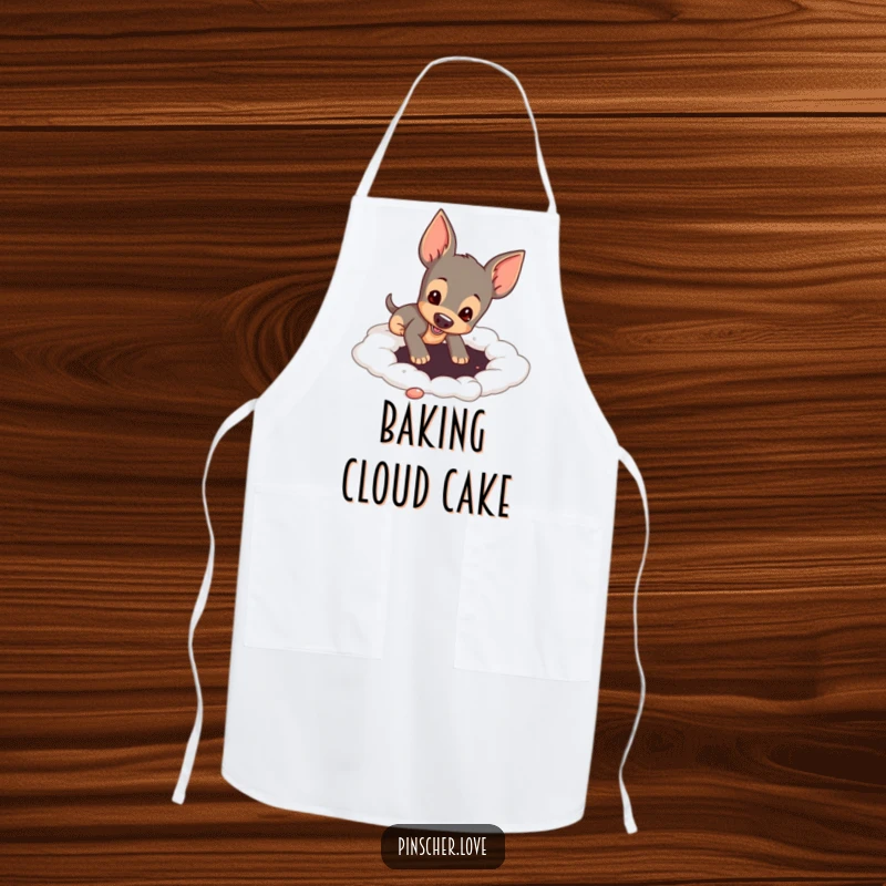 Funny pinscher dog digging a hole in a soft, cloud-like surface on a kitchen apron, bringing humorous charm