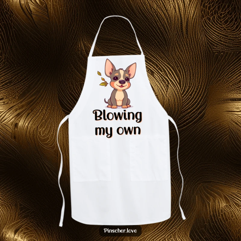 Funny Pinscher apron featuring a happy Pinscher dog blowing a tiny, colorful autumn leaf, perfect for a cheerful cooking experience.