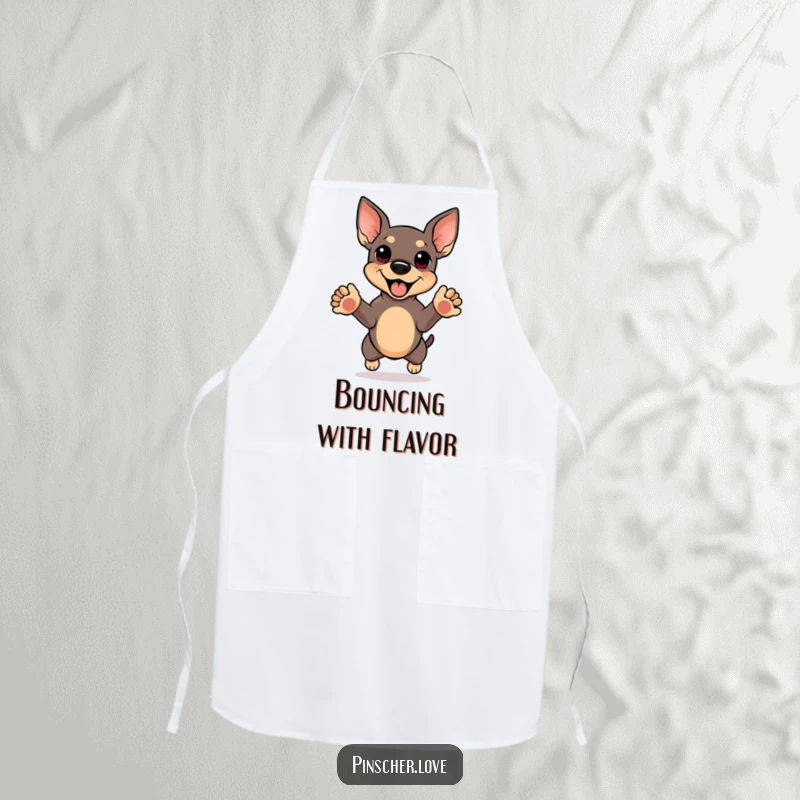 Funny apron showcasing a pinscher in a joyful mid-air jump, front paws reaching up, perfect for cooks who love to celebrate.