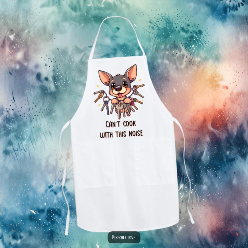 Funny Pinscher dog startled by jingling keys, perfect for a kitchen apron.