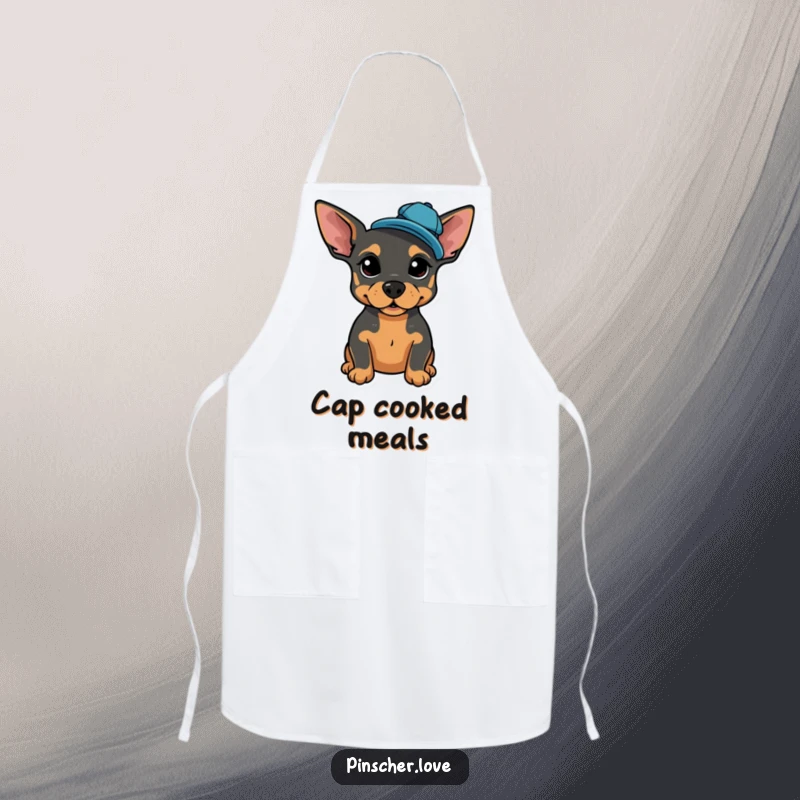 Funny cooking apron featuring a proud Pinscher posing, wearing a tiny, jaunty cap tilted to the side.