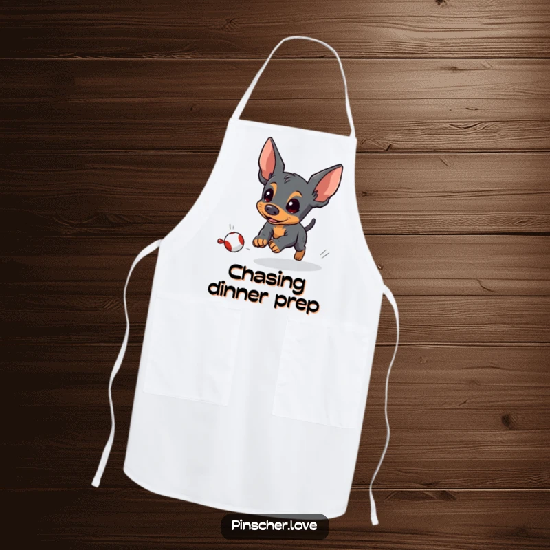 Funny pinscher apron illustrating an energetic pinscher dog intently chasing a small, fleeing toy, perfect for kitchen fun.