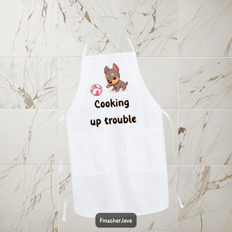 Funny Pinscher Apron: A mischievous pinscher playfully nudges a crinkly ball, turning kitchen duties into a fun and amusing activity.
