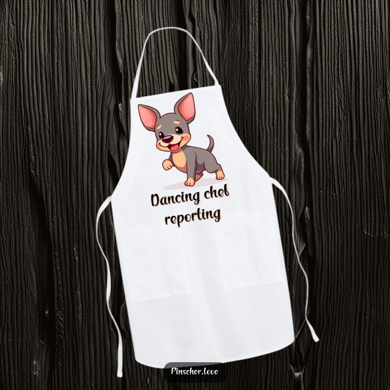 Funny Pinscher Dance Apron: A happy pinscher dances energetically while wearing an apron, its blurred tail signifying culinary excitement and fun.