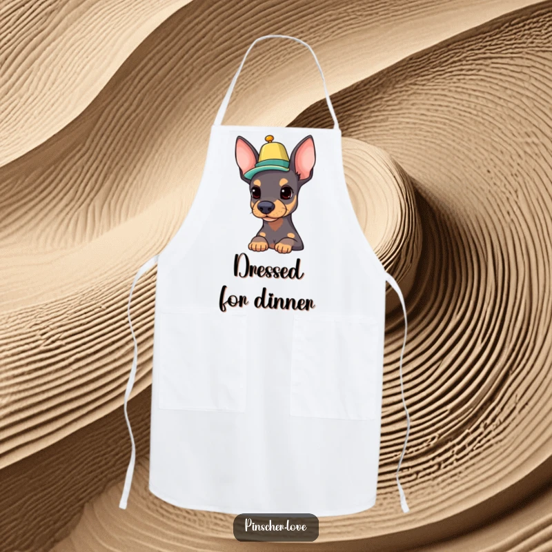 Funny Pinscher apron showing a proud dog expertly balancing a colorful hat on its nose, perfect for adding stylish cheer.