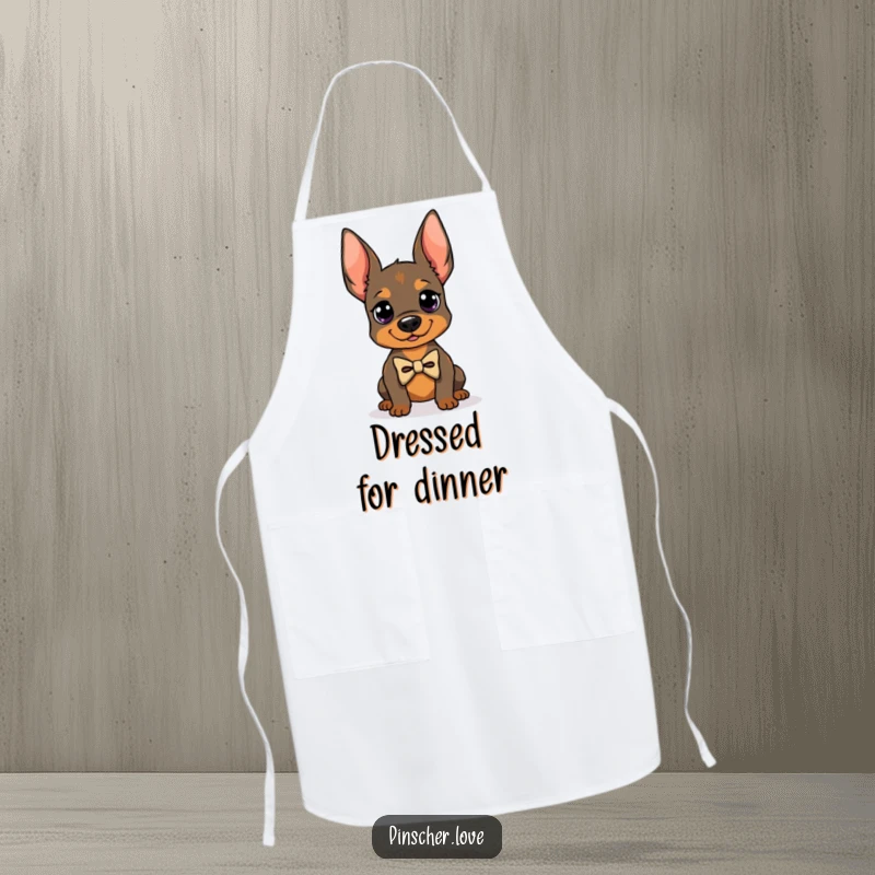 Funny apron featuring a Pinscher dog in a bowtie, posing proudly, great for cooking and dog humor lovers, excellent funny gift.