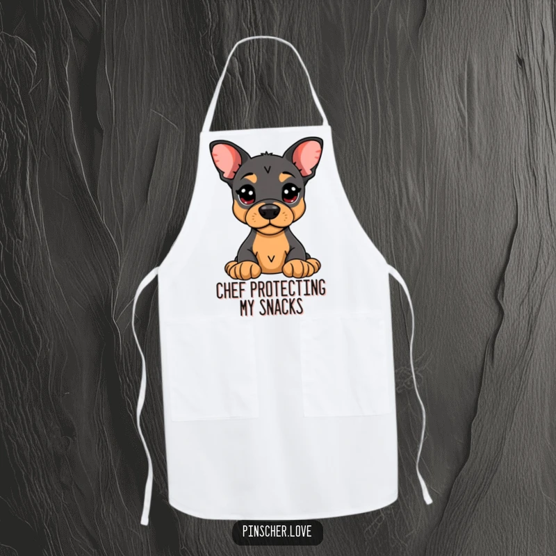 Funny Pinscher Apron: An alert Pinscher guarding a plush toy, perfect for kitchen duties with humorous loyalty.