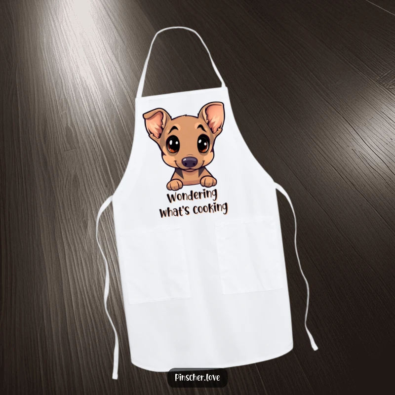 Funny Pinscher apron featuring a cute dog with wide, curious eyes and a tilted head, ready to whip up some delicious fun.