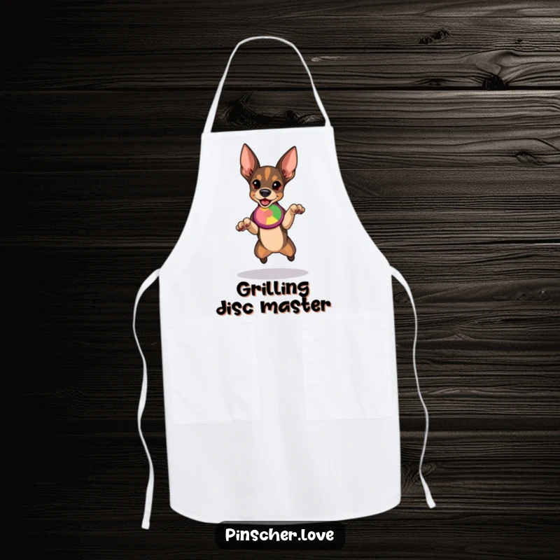 Funny Pinscher apron featuring a determined dog ready to leap for a colorful flying disc, bringing sporty humor to the kitchen.