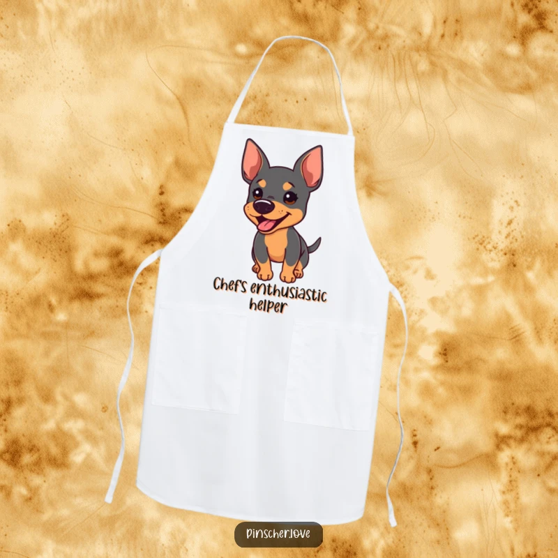 Funny apron illustrating an energetic Pinscher barking with its tail wagging furiously, designed for kitchen use.