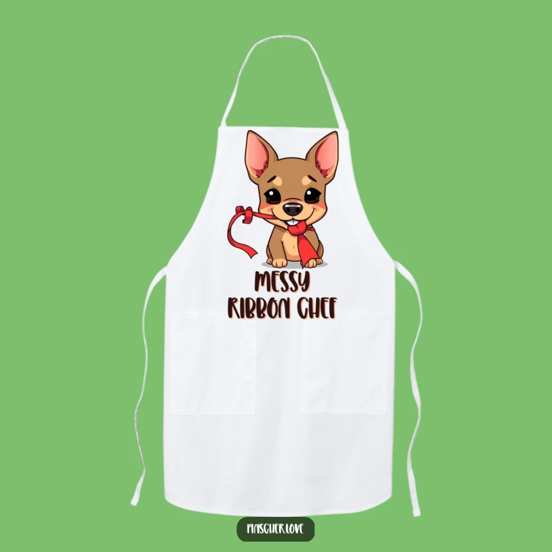 Funny Pinscher Apron - Mischievous Chef Dog Steals Red Ribbon - Kitchen Gift