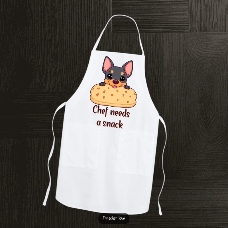 Funny apron showcasing a pinscher peeking coyly from behind a huge, smiling biscuit, perfect for cooks who love snacks.