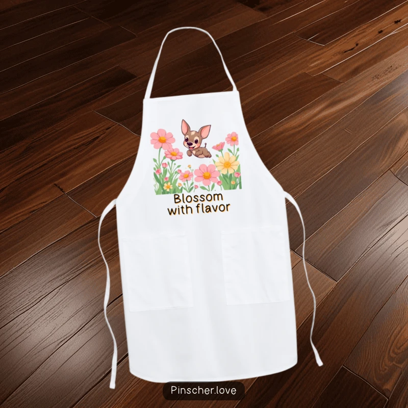 Funny Pinscher Apron: A cheerful pinscher dog artistically leaps through a field of oversized flowers, adding humor to your kitchen adventures.