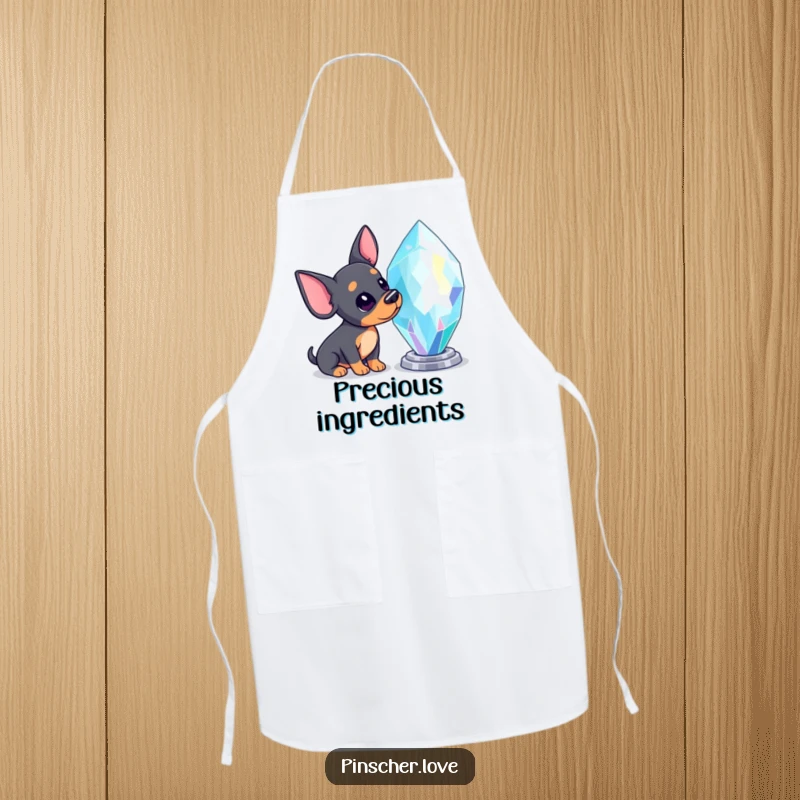 Funny Pinscher apron showing a Pinscher dog tilting its head inquisitively while eyeing a giant, shimmering, sparkling gem.