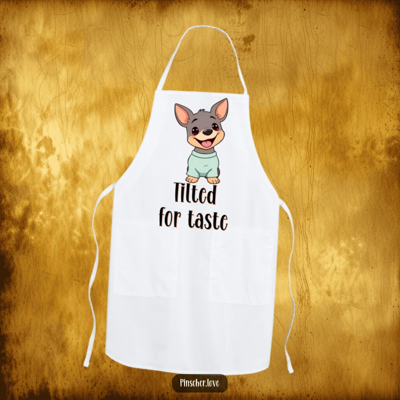 Funny Pinscher Apron: A dog tilts its head, panting happily, ready for kitchen duty with a comical, endearing look.