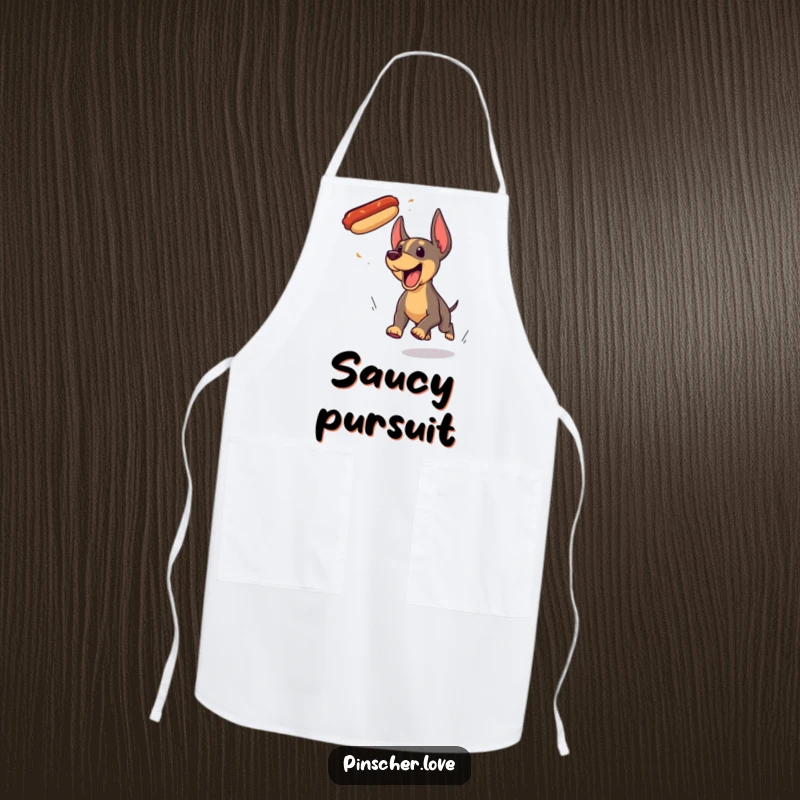 Funny Pinscher dog apron, hilariously yipping and chasing a flying hotdog, perfect for kitchen adventures or grilling.