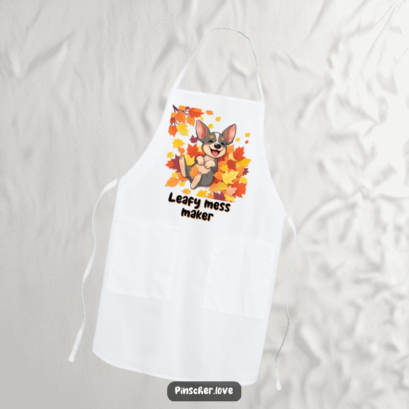 Funny Pinscher apron depicting a delighted Pinscher dog gleefully rolling in a big pile of colorful autumn leaves.