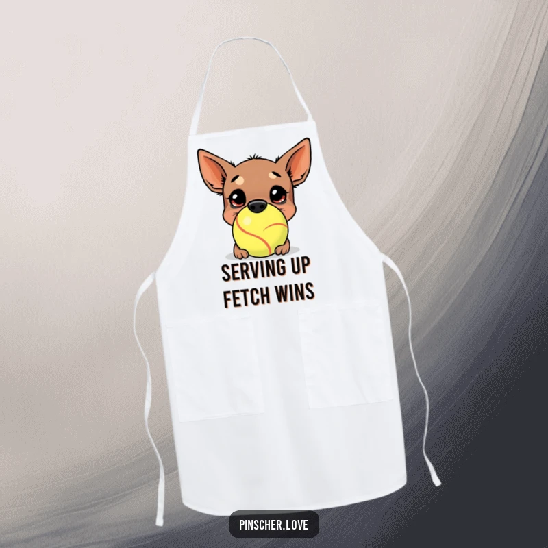Funny Pinscher Apron: A happy pinscher buries its nose in a comically large tennis ball, making kitchen duty a humorous and delightful experience.
