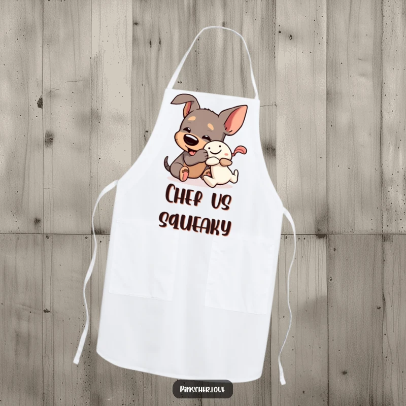 Funny Pinscher Apron: A dog playfully wrestles a squeaky toy, ready for kitchen adventures with comical energy.