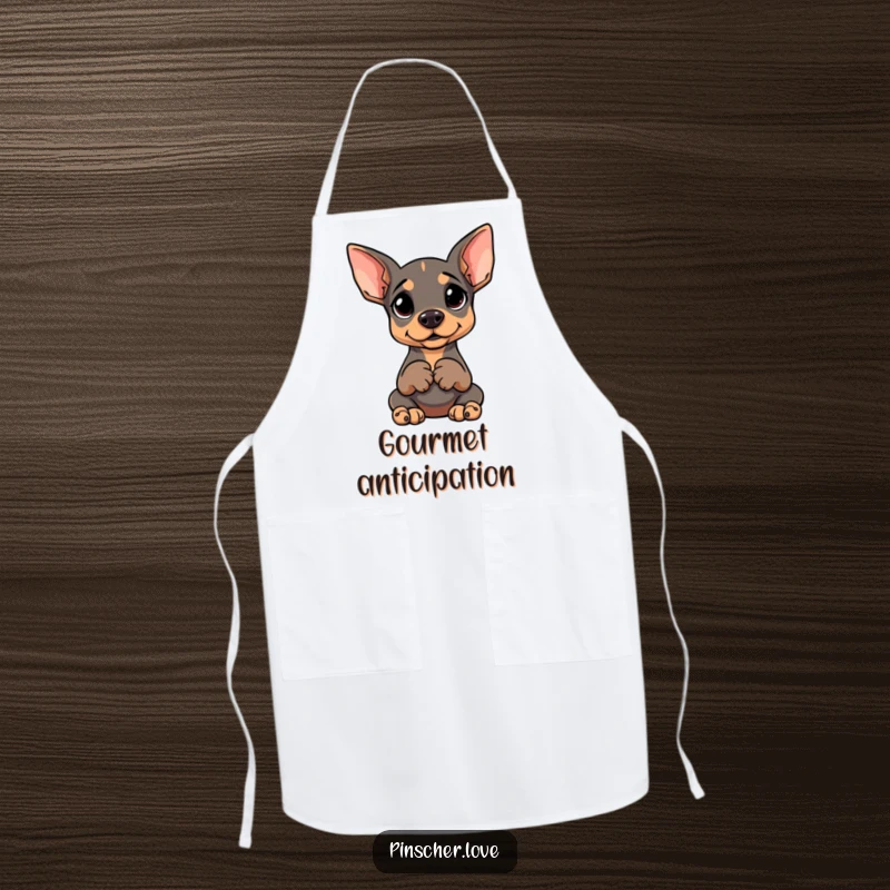 Funny cooking apron featuring a Pinscher sitting upright, paws clasped, with a goofy, anticipating look.