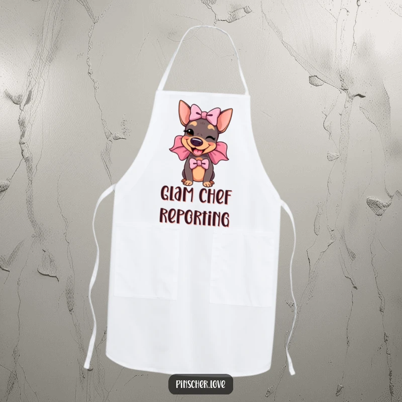 Funny Pinscher Apron: A delighted pinscher wears an enormous, floppy bow and winks, making kitchen tasks a stylish and amusing experience.