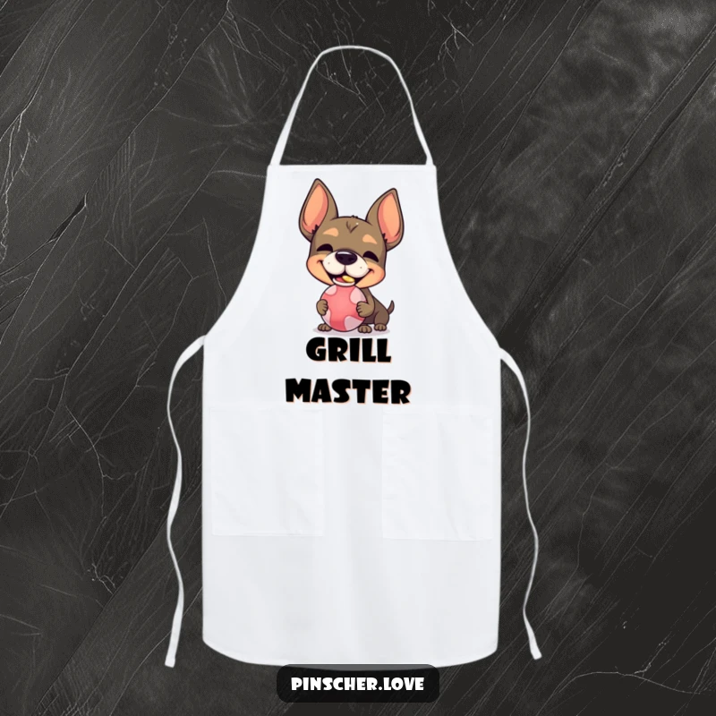 Funny Pinscher character apron, with a silly grin, balancing a ball on its nose, perfect for fun kitchen activities.