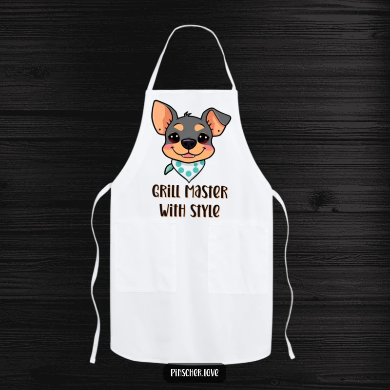 Funny Pinscher Apron: A goofy Pinscher wearing a bandana, perfect for kitchen duties with canine charm and humor.