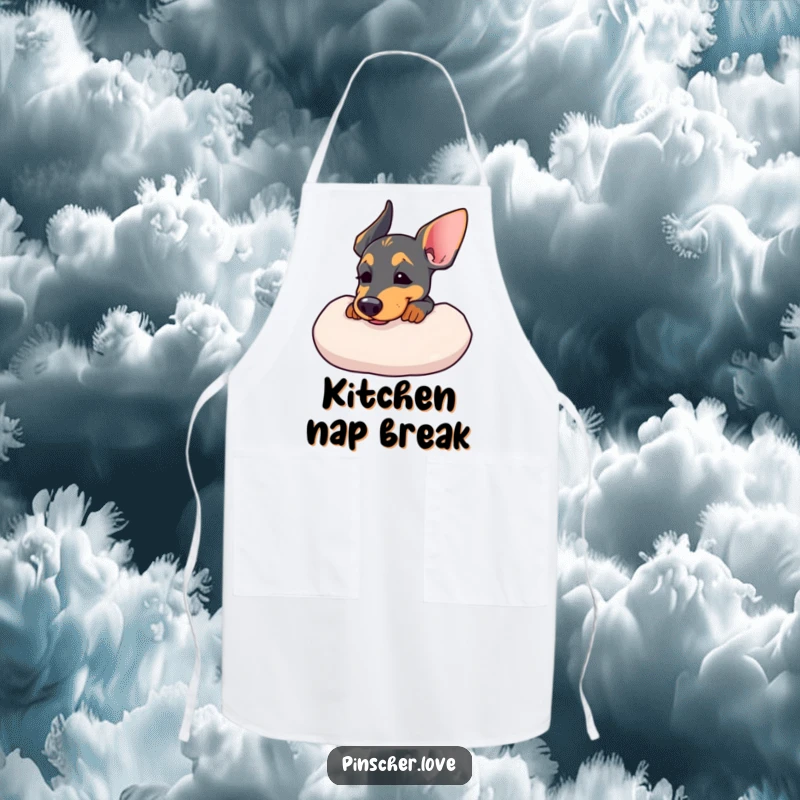 Funny cooking apron featuring a Pinscher resting its chin on a soft cushion, sighing contently.