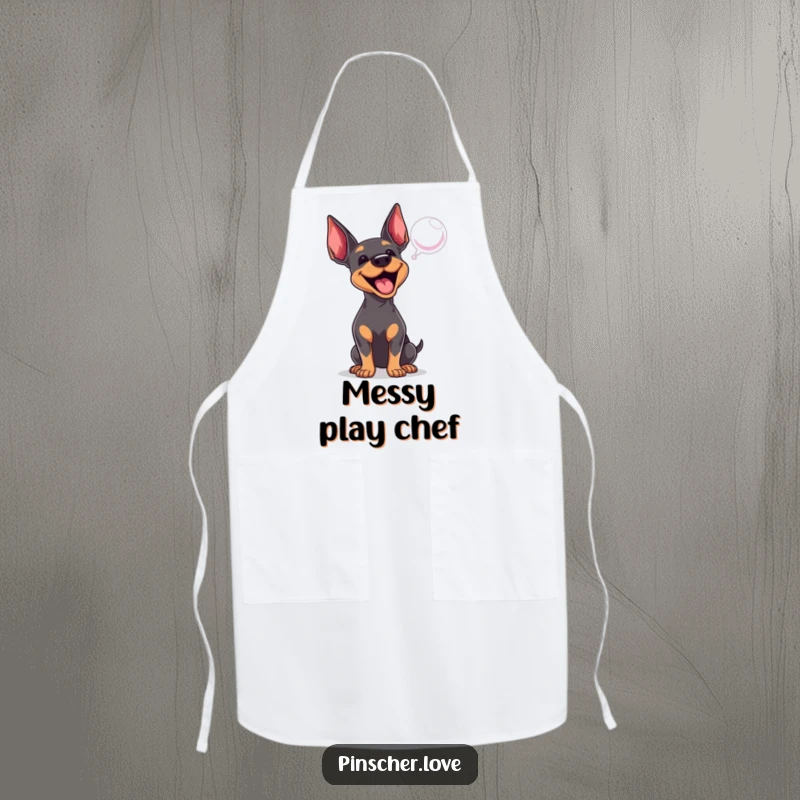 Funny Pinscher apron showing an excited dog enthusiastically barking at a bubble, perfect for adding playful cheer to cooking.