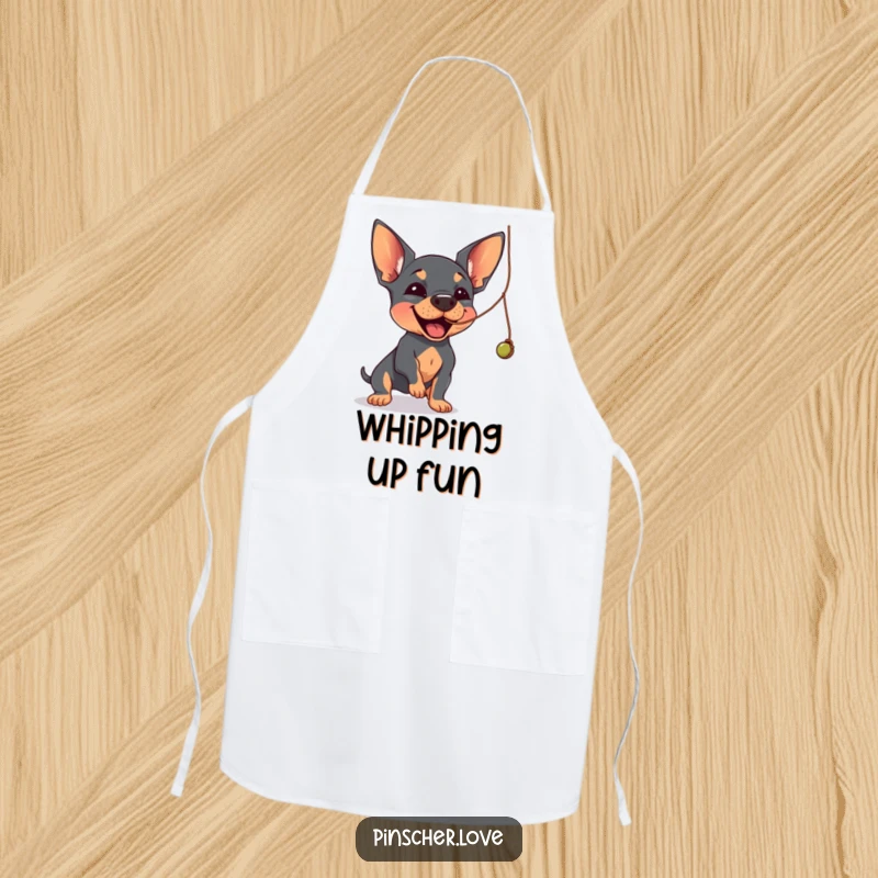 Funny Pinscher apron showing a Pinscher dog joyfully batting at a dangling, wobbly string.