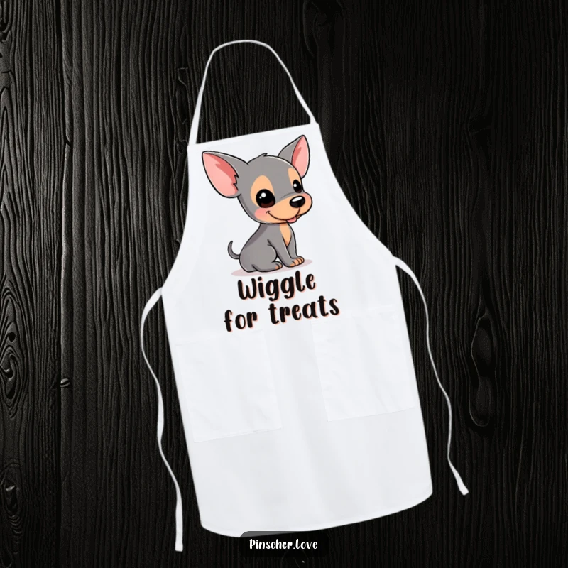 Funny Pinscher apron showing a dog joyfully rolling on its back, a humorous kitchen accessory for pet lovers.