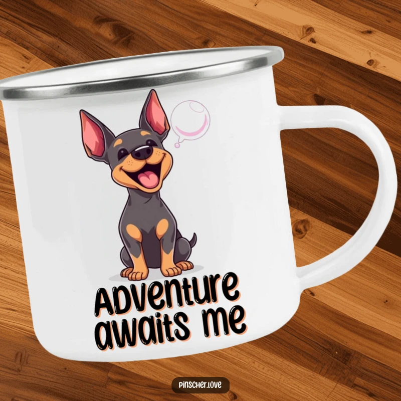 Funny Pinscher camping mug with an energetic dog barking at a bubble, durable for outdoor use and playful enjoyment.