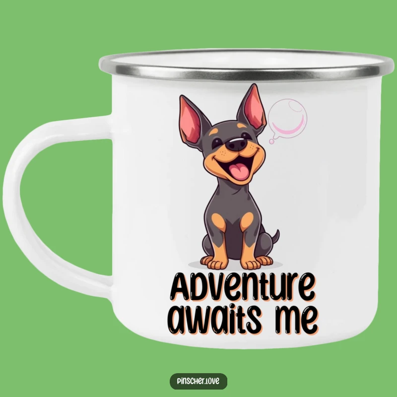 Durable Funny Pinscher Camping Mug: Barking at Bubble, Outdoor Dog Lover Spirit