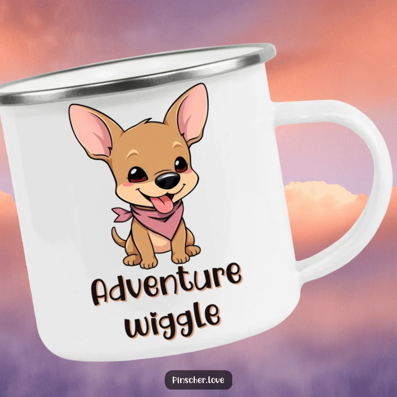 Funny camping mug featuring a pinscher character in a tiny bandana, wiggling with pure joy for outdoor fun.
