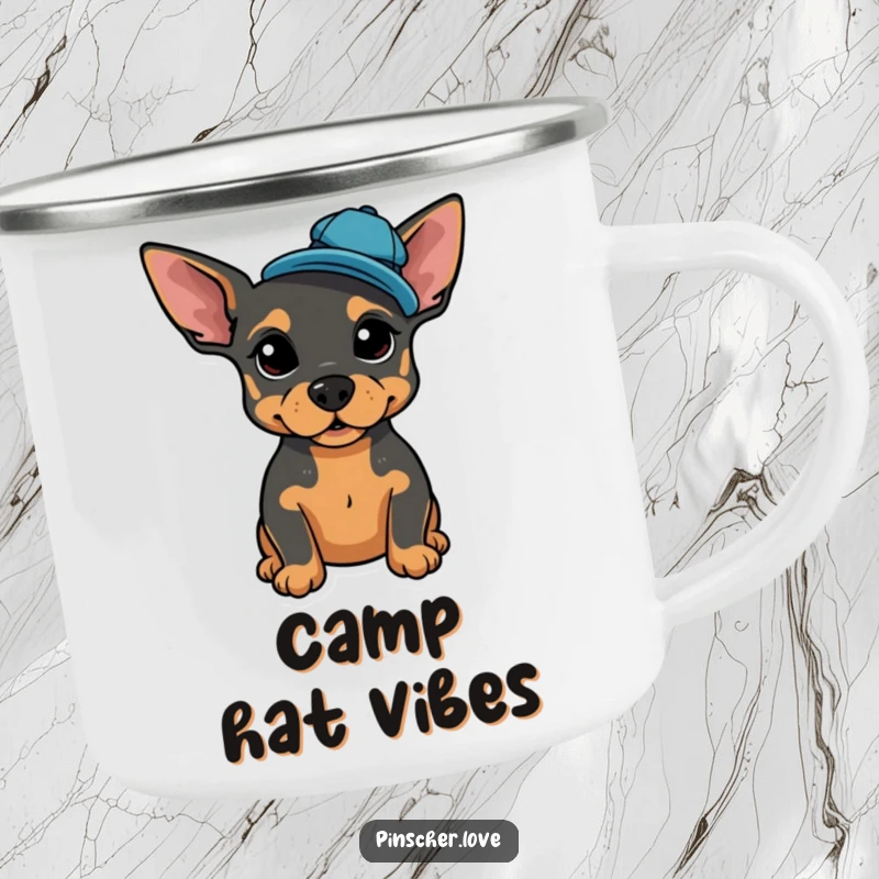 Funny enamel camping mug with a proud Pinscher posing, wearing a tiny, jaunty cap tilted to the side.