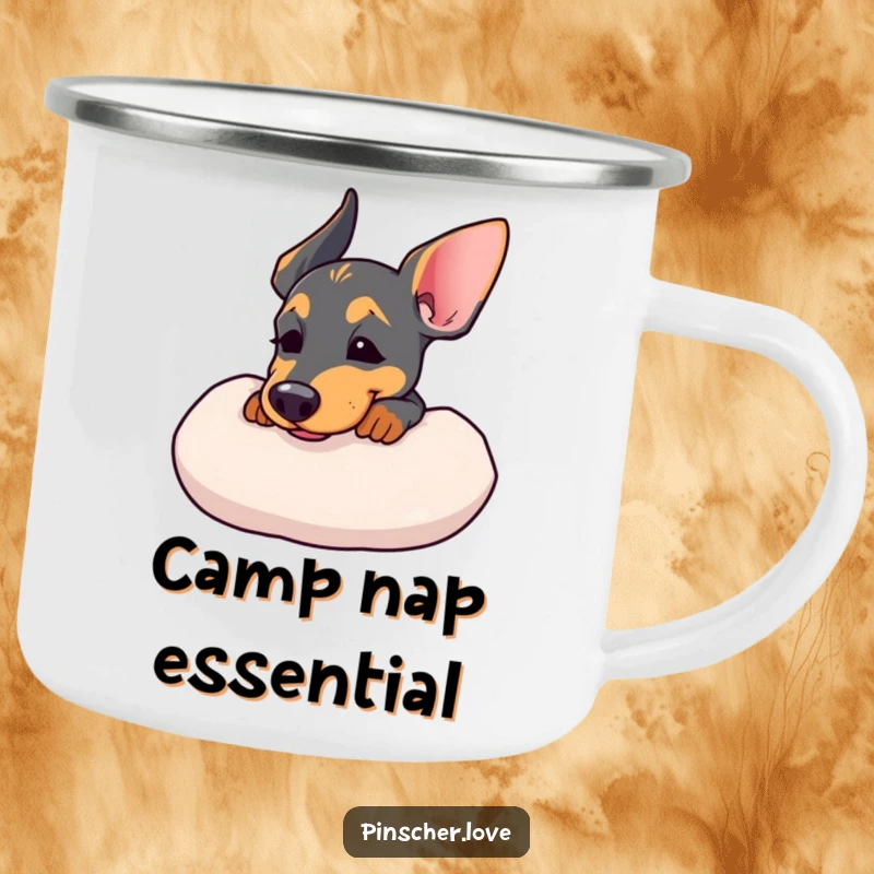 Funny enamel camping mug with a Pinscher resting its chin on a soft cushion, sighing contently.