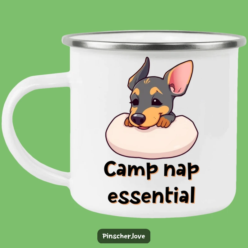 Funny Pinscher Cushion Camping Mug: Relaxed Sips in Nature