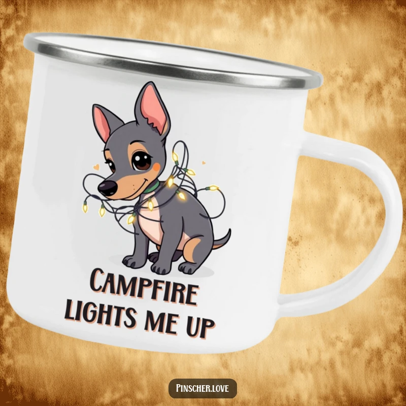 Funny Pinscher camping mug showing a Pinscher dog playfully tangled in a string of small, glowing fairy lights.