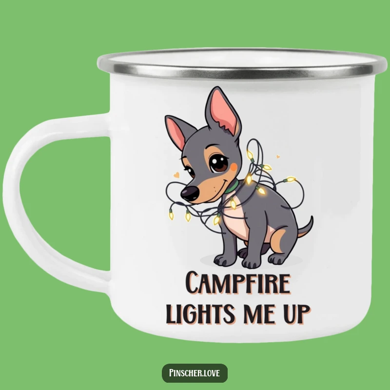 Funny Pinscher Camping Mug: Tangled Fairy Lights, Festive Outdoor Gift