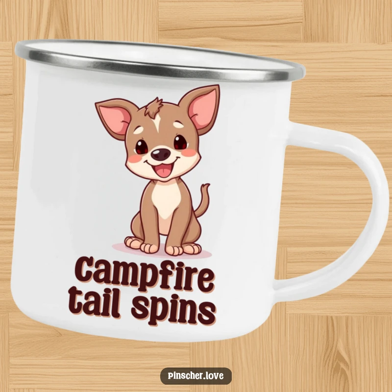 Funny happy pinscher cub camping mug, showing a small dog doing a spin with its tail. Durable and humorous drinkware for outdoor enthusiasts.