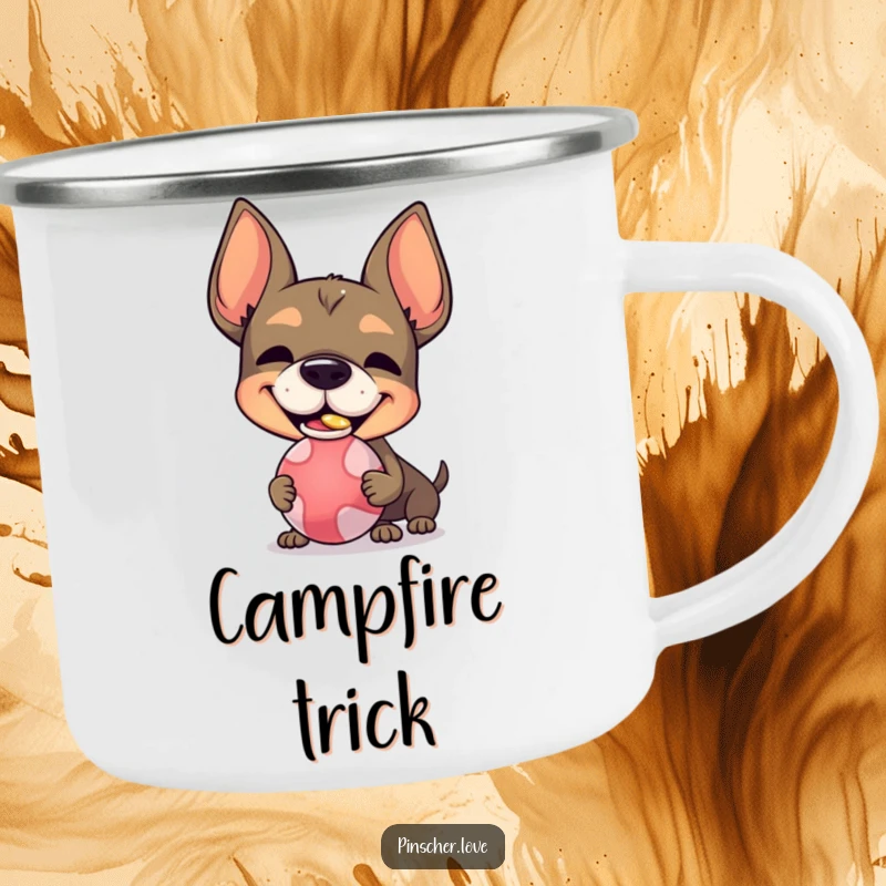 Funny Pinscher character camping mug, with a silly grin, balancing a ball on its nose, perfect for outdoor enjoyment.