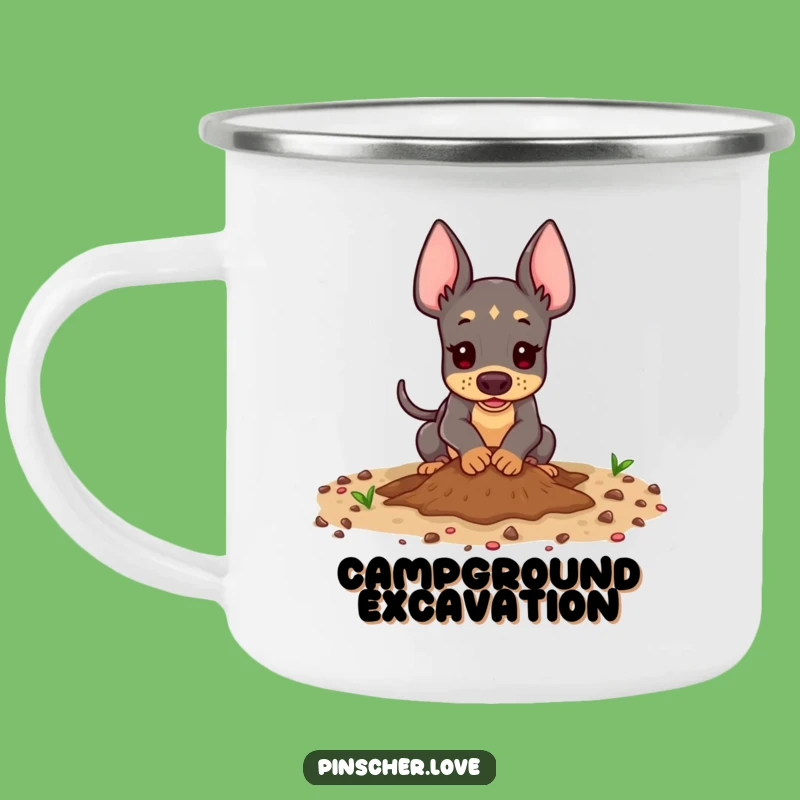 Funny Pinscher Camping Mug - Outdoor Playful Digging Dog, Adventure Gift