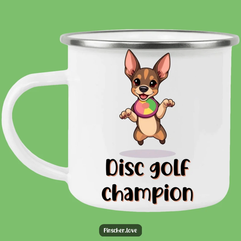 Funny Pinscher Camping Mug - Determined Pup Leaps for Disc - Outdoor Gift