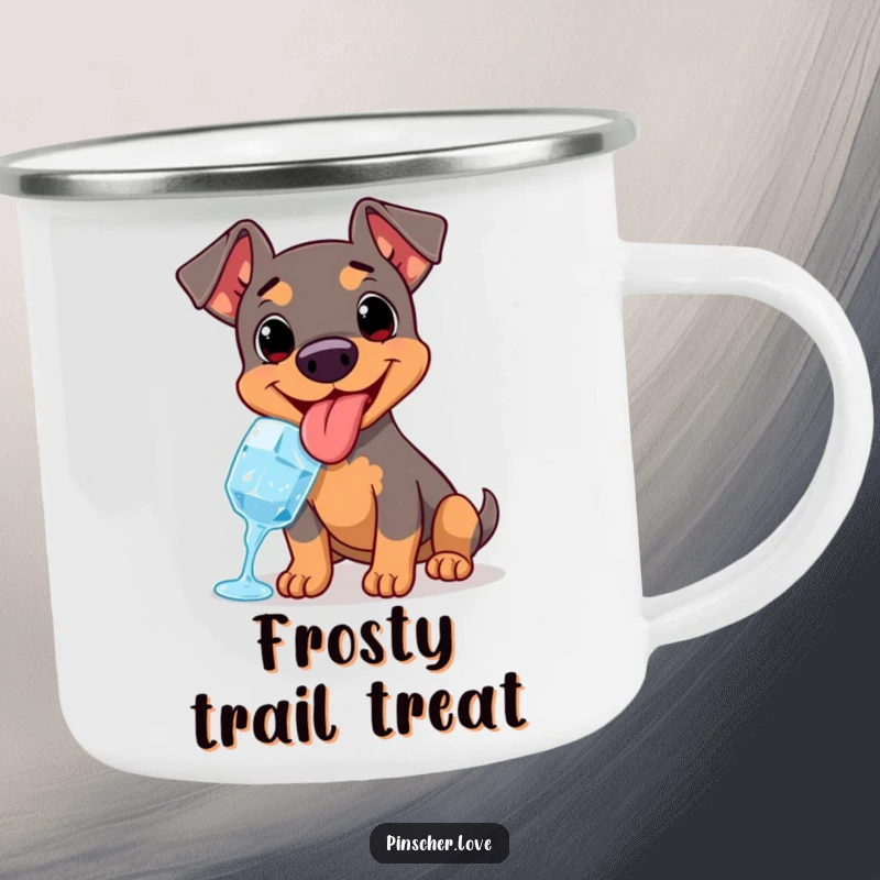 Funny enamel camping mug with a happy Pinscher enjoying a cold ice cube, perfect for outdoor adventures.