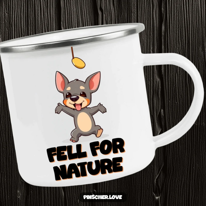 Funny Pinscher Camping Mug: A pinscher comically falls reaching for a toy, bringing hilarious, playful energy to outdoor sips.