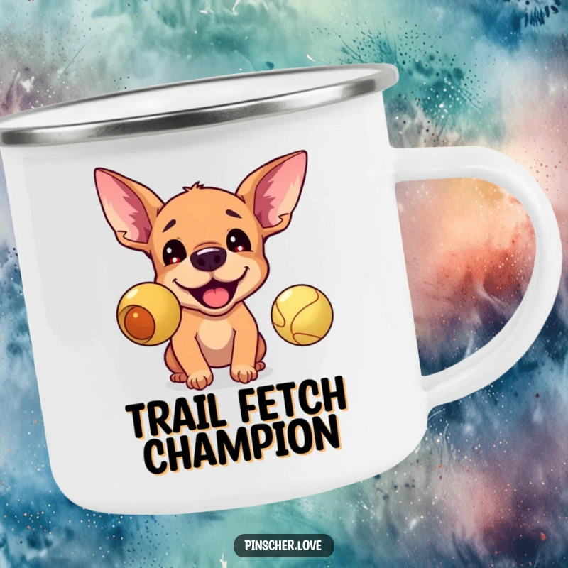 Funny camping mug showing an excited pinscher barking at a bouncing ball, perfect for dog lovers on the go.