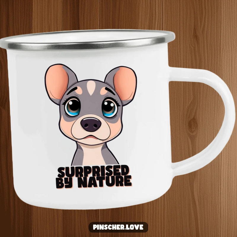 Funny camping mug showcasing a surprised pinscher dog with wide, curious eyes. Perfect for outdoor adventures.