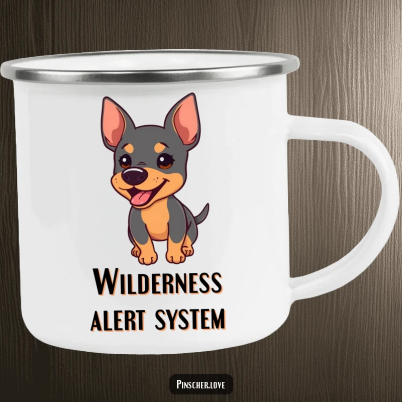Funny camping mug graphic of an enthusiastic Pinscher barking with its tail wagging furiously, for outdoor use.