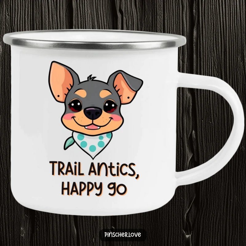 Funny Pinscher Camping Mug: A Pinscher with a goofy grin and a bandana, making outdoor drinks fun and stylish.