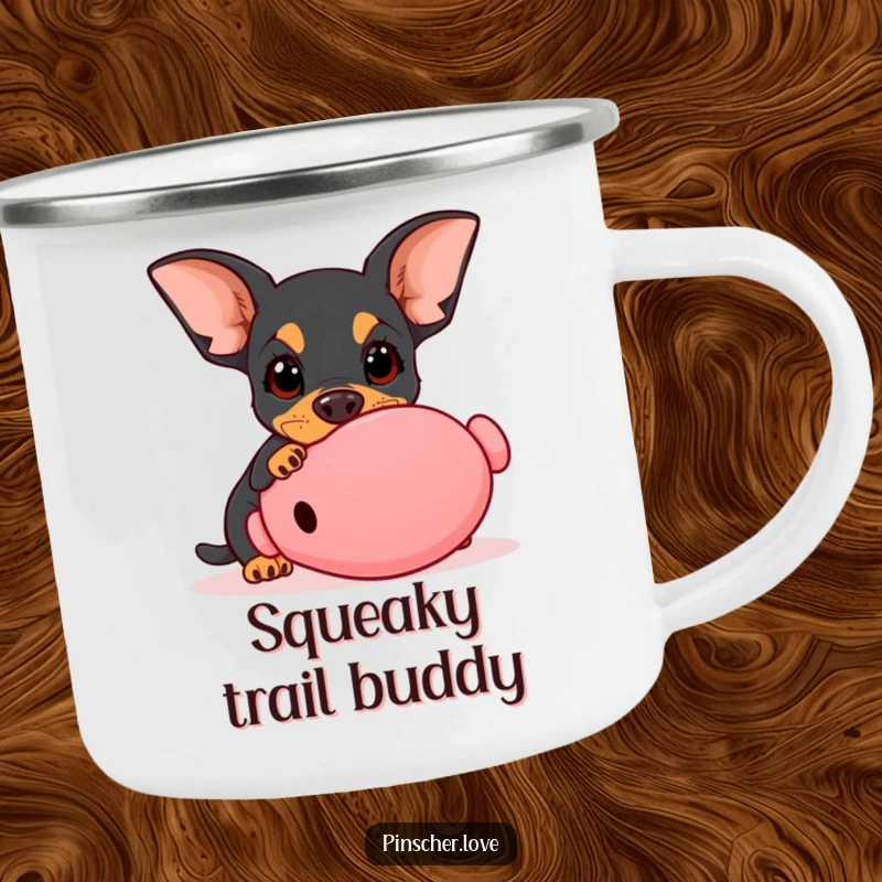 Funny Pinscher camping mug, enamel cup with dog with wide innocent eyes playfully nudging a giant squeaky toy, playful outdoor, gift.